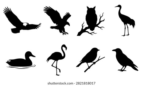 Collection of Bird Silhouettes Including Eagle Owl Flamingo Crane Duck and Crow