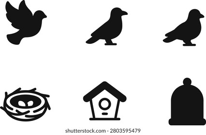 Collection of bird silhouettes including flying dove and birdhouse icons with silhouette, birdhouse