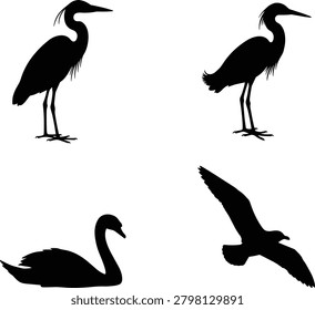 Collection of bird silhouettes including heron, egret, swan, and flying seabird poses isolated on a light background. Ideal for wildlife themes, nature branding, logos, decals, educational materials, and vector design projects.