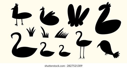 collection of bird silhouettes including swan and flamingo icons