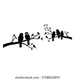 Collection of bird silhouettes on tree branches.
