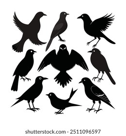 A collection of bird silhouettes in various poses, bird silhouettes, flying, perched birds, black silhouettes, shapes, minimalist design, wildlife silhouettes, nature icons, avian art