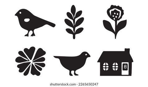 Colección de ilustraciones vectoriales de aves y astilleros. Conjunto de motivos animales de jardín dibujados a mano. 