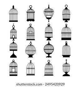 Collection of birdcage silhouettes in black and white, vintage design decoration, variety of shapes and styles, vector illustration.