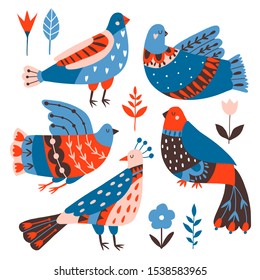 Collection of birds and flowers with different folk ornaments. Hand drawn flat doodle illustration with stylized  decorative floral elements. Scandinavian style. Traditional decor. Vector 