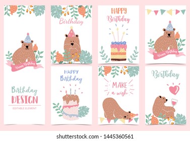 Collection of birthday background set with bear,cake,leaves,flower.Vector illustration for birthday invitation,postcard and sticker.Editable element
