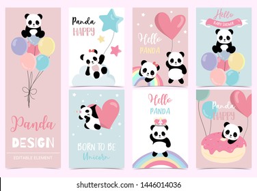 Collection of birthday background set with panda,rainbow,balloon.Editable vector illustration for birthday invitation,postcard and sticker.Wording include hello