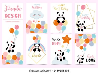 Collection of birthday background set with panda,rainbow,balloon.Editable vector illustration for birthday invitation,postcard and sticker.Wording include hello