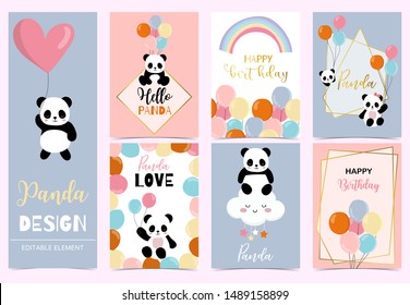 Collection Of Birthday Background Set With Panda,rainbow,balloon.Editable Vector Illustration For Birthday Invitation,postcard And Sticker.Wording Include Hello