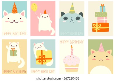 Collection of birthday banner, background, flyer, placard with cute cats. Birthday poster set for scrapbooking. Vector template card for greeting, decorations, congratulations in retro pastel color