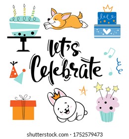 A collection of birthday cake and animals on a white background. Vector flat style illustration