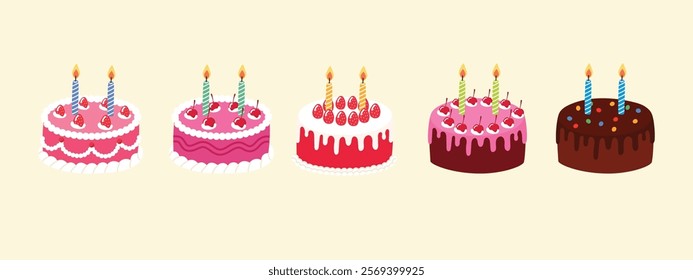 collection of birthday cake with candle, pink strawberry and cherry cake , chocolate cake illustration