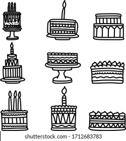 A Collection of birthday cake suitable for anniversary design concept with doodle or hand drawing cartoon style