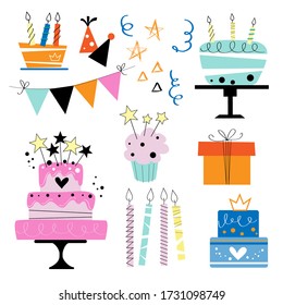 A collection of birthday cake. Vector flat style illustration on a white background isolated