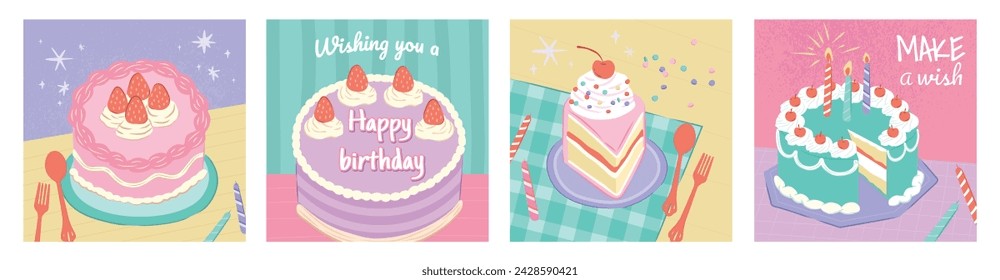 Collection of birthday cakes and celebration portrait posters for greeting card and invitation