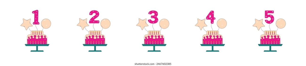 A collection of birthday cakes. Vector illustration. Numbers from 1 to 5