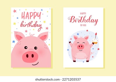 Collection of birthday cards with cute pig. Design for kids. Vector illustration