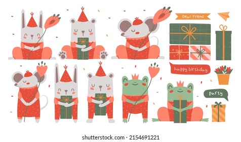 Collection birthday children illustrations with happy animals: rabbit, mouse, toad, bear with flower, gift, party hat, ribbon. Set of vector isolated flat elements for greeting card, party invitation.