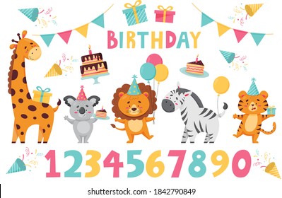 Collection of birthday clipart with funny animals. Design for greeting cards, invitations and baby products.