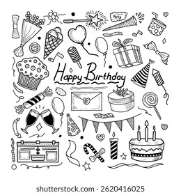 Collection of birthday doodles. Hand drawn Happy Birthday doodles, Party time doodle collection. Birthday celebration vector elements
