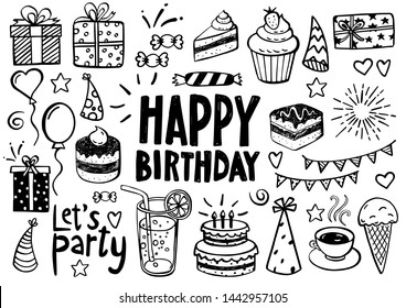 Collection of birthday doodles, sketches - can be used as invitation card or decoration material for birthday parties and celebrations
