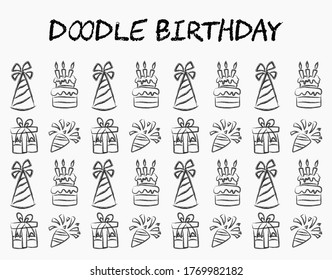 Collection of birthday doodles, sketches - can be used as invitation card or decoration material for birthday parties and celebrations