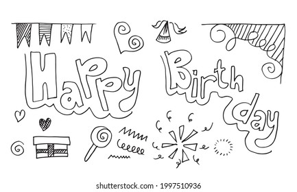 Collection of birthday doodles, sketches.Vector illustration white background isolated abstract
