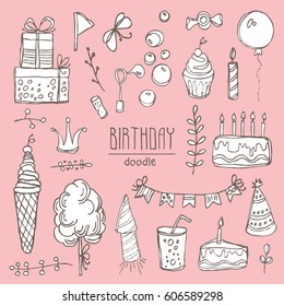 Collection of Birthday elements and symbols: Birthday cake, balloon, Birthday gift, flowers, sweets, candle, garland, lemonade. Hand drawn doodles .