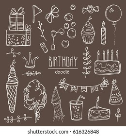 Collection of Birthday elements and symbols: Birthday cake, balloon, Birthday gift, flowers, sweets, candle, garland, lemonade. Hand drawn doodles illustration