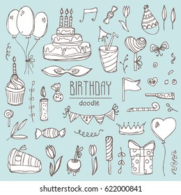 Collection with Birthday elements and symbols: Birthday cake, balloon, Birthday gift, flowers, sweets, candle, garland, lemonade. Hand drawn doodles illustration