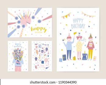 Collection of birthday greeting card, postcard or party invitation templates with happy people, cake with candles, person holding bouquet of flowers. Colorful flat cartoon vector illustration.