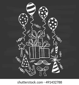 collection of birthday icons using doodle art or hand drawing style on chalkboard background