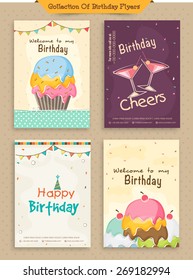 Collection of Birthday Invitations Cards decorated with colorful cakes and buntings.