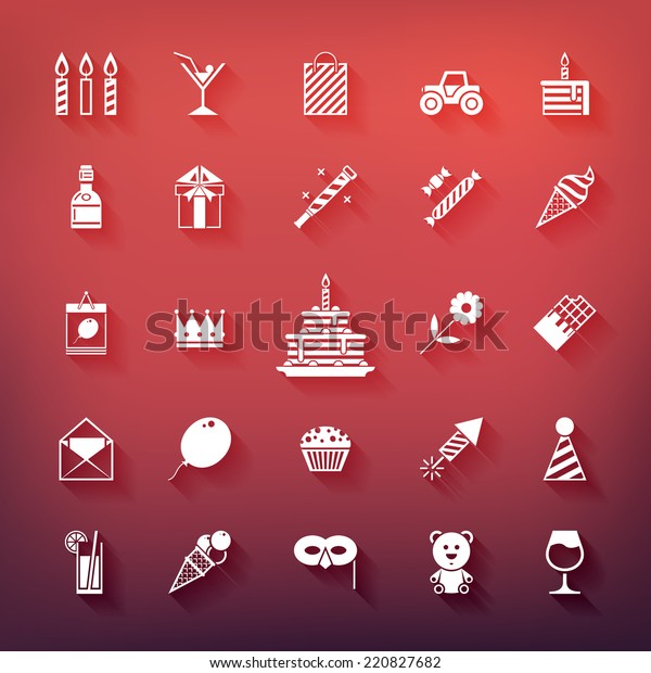 Collection of birthday, jubilee, holiday,\
celebrating party icons. White silhouettes with shadows isolated on\
colored background.