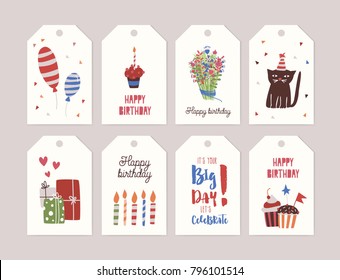 Collection of birthday labels or tags with bouquet of flowers, cupcake with burning candle, gifts, balloons, funny cartoon cat wearing party hat, confetti. Festive colorful vector illustration.