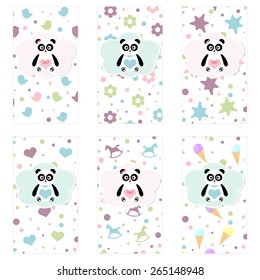 Collection Birthday labels in vintage style with baby colorful backgrounds - boy and girl card with pandas. Vector image. 