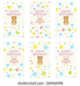 Collection Birthday labels in vintage style with baby colorful backgrounds - boy and girl card with bear and owl. Vector image.