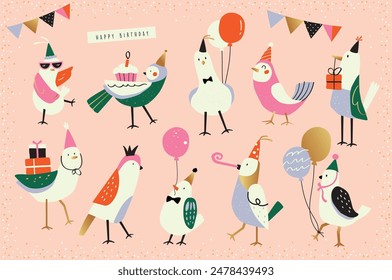 Collection of birthday party birds cartoon character design. Birthday party vector illustration for greeting card, invitation, event, poster, sticker, prints.