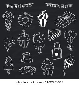 collection of birthday party with cupcake, ice cream and gift box on chalkboard background