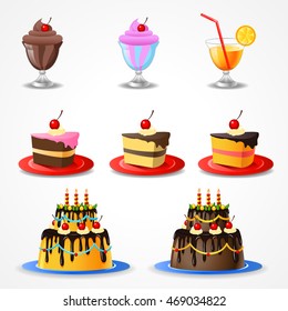 Collection of birthday party elements candles and birthday cake