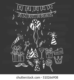 collection of birthday party elements using doodle art on chalkboard background