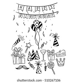 collection of birthday party elements using doodle art