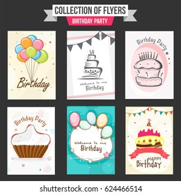 Collection of Birthday Party flyers with illustration of colorful balloons, sweet cakes and cupcake.