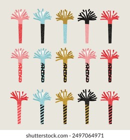 Collection of Birthday Party Whistles with Paper Fringe. Vector illustration in flat style with a glitter texture