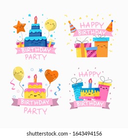 Collection of Birthday Stickers in Kawaii Style Lovely Hand Drawn Birthday Labels Set Vector Illustration Design 