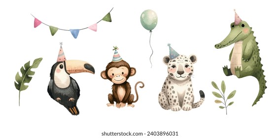 Collection of Birthday Watercolor Animal illustrations. Beautiful and colorful clip art elements, ready to print. Perfect for invitation, card, banner