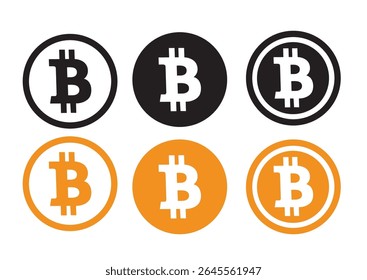 Collection of Bitcoin logos in contrasting colors including black, white, and orange, ideal for cryptocurrency branding