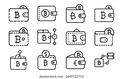 Coleção de bitcoin wallet ícones ilustrando criptomoeda armazenamento e conceitos de tecnologia financeira