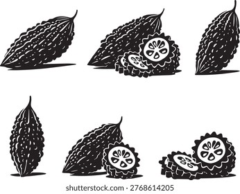 A collection of bitter gourd silhouettes featuring whole and sliced karela in black vector style. Represents organic vegetables, traditional cooking ingredients, and healthy food concepts.