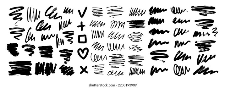 Collection of black abstract brush strokes, lines, signs, squiggles and swirls. Vector hand-drawn illustration isolated on white background. Perfect for decorations and various designs.